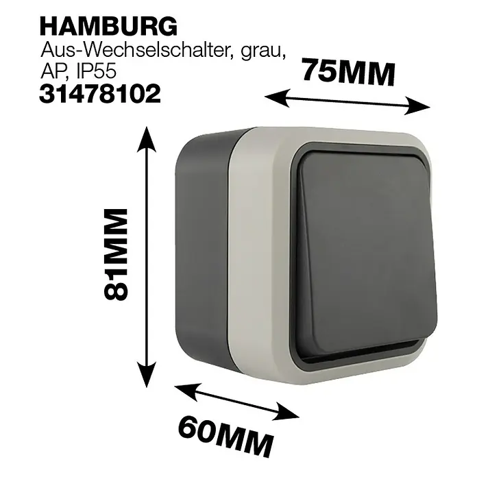 Hamburg Feuchtraum-Wechselschalter - Grau/Anthrazit, Aufputzmontage, IP55 - Produktabbildung eines grauen Hamburg Aus-Wechselschalters AP IP55 mit den Maßen 81mm Höhe, 75mm Breite und 60mm Tiefe.