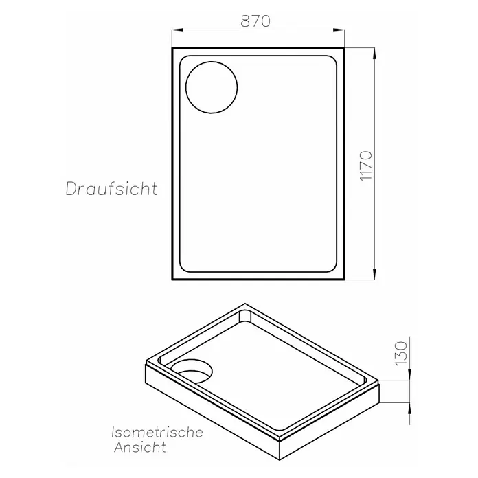 Ottofond Duschwannen-Set Puerto - L x B: 120 x 90 cm, Kunststoff, Weiß, Mit Duschwannenträger - Technische Zeichnung einer Duschwanne mit den Maßen 870 x 1170 x 130 mm, Draufsicht und isometrische Ansicht.