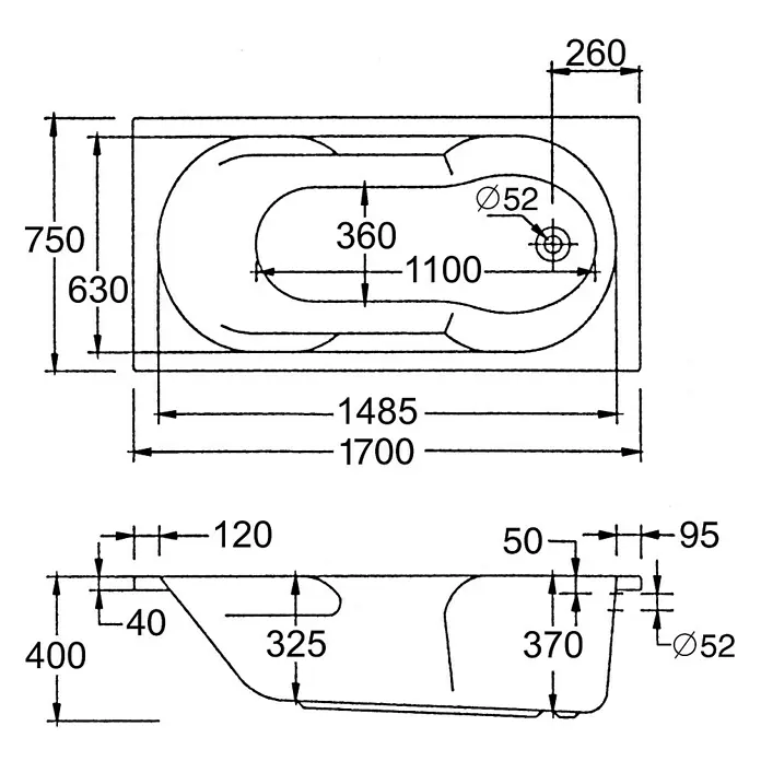 Ottofond Badewannen-Set Colombo - L x B: 170 x 75 cm, Weiß, Sanitäracryl, Mit Badewannenträger - Technische Zeichnung einer Badewanne mit Maßen, die die Größe und Form des Produkts für die Installation zeigen.