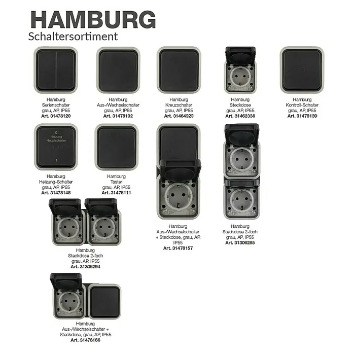 Hamburg Feuchtraum-Kontrollschalter mit Kontrolllampe - Grau/Anthrazit, Aufputzmontage, IP55 - Produktübersicht von grauen Hamburg Schaltern und Steckdosen für AP-Montage (IP55) in verschiedenen Ausführungen.