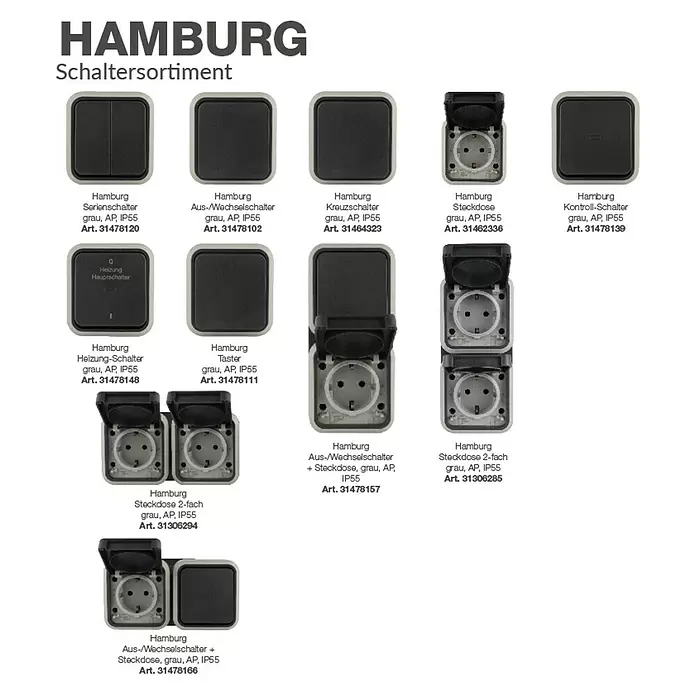 Hamburg Feuchtraum-Steckdose2-fach, Grau/Anthrazit, Horizontal, IP55
