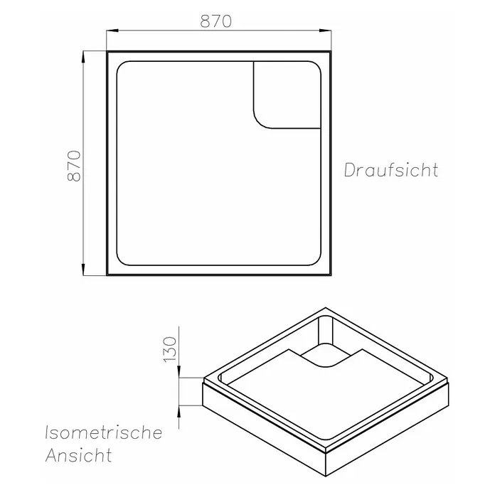 Ottofond Duschwannen-Set Puerto - L x B: 90 x 90 cm, Kunststoff, Weiß, Mit Duschwannenträger - Technische Zeichnung einer quadratischen Duschwanne mit den Maßen 870 x 870 mm und einer Höhe von 130 mm.