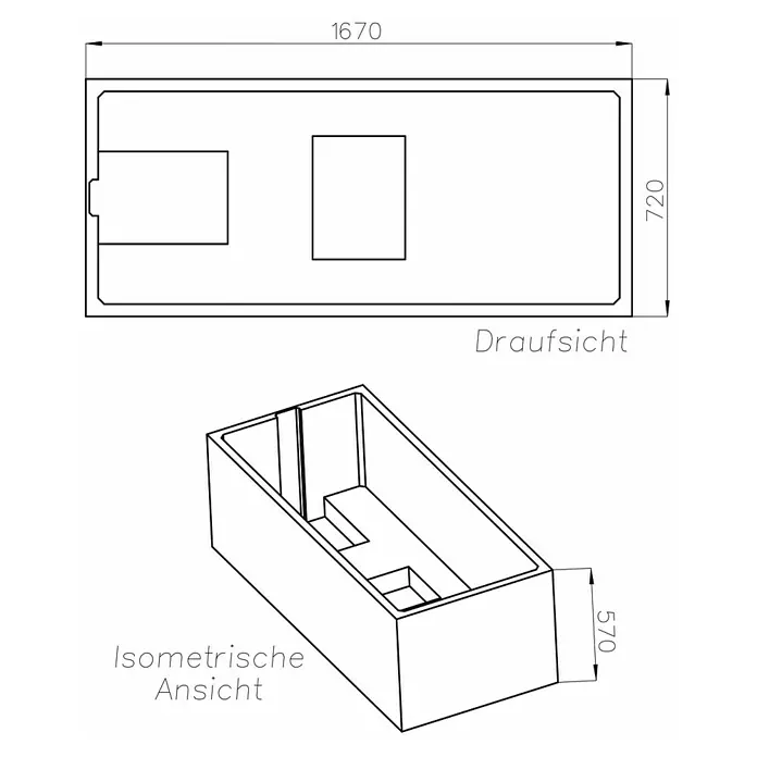 Ottofond Badewannen-Set Filo - L x B: 170 x 75 cm, Sanitäracryl, Weiß, Mit Badewannenträger - Isometrische Ansicht einer Badewanne mit den Maßen 1670 x 720 x 570 mm.