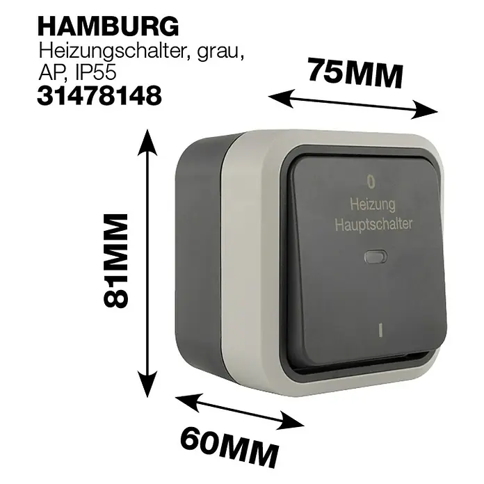 Hamburg Heizungsschalter - Grau/Anthrazit, Matt, Kunststoff, Aufputzmontage, IP55 - Abbildung eines grauen Hamburg Heizungsschalters AP IP55 mit den Maßen 75x60x81mm.