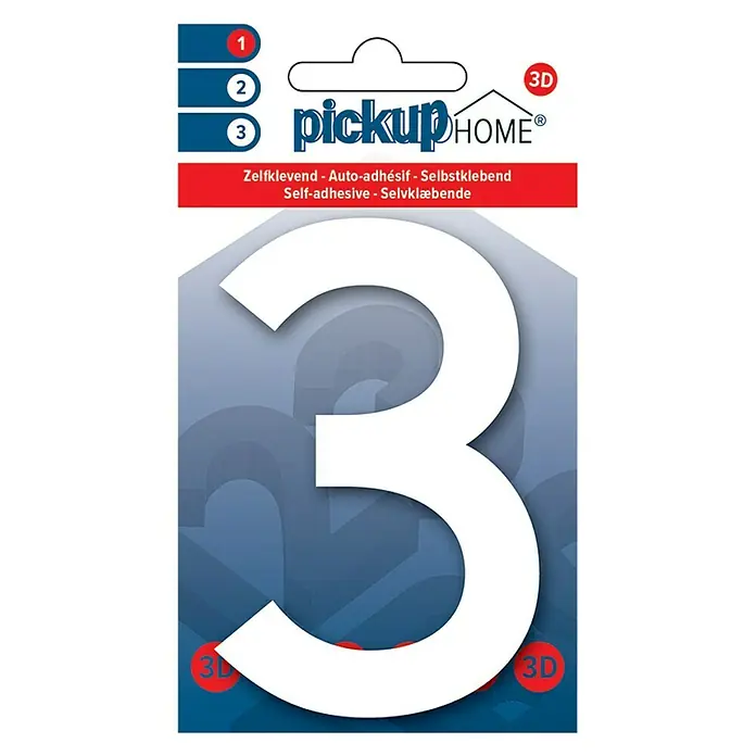 Pickup 3D Home Número - Altura: 10 cm, Plástico, Motivo: 3 - Imagen del producto de un número de casa 3D "3" de pickup HOME, autoadhesivo y fácil de colocar, perfecto para cualquier puerta principal.