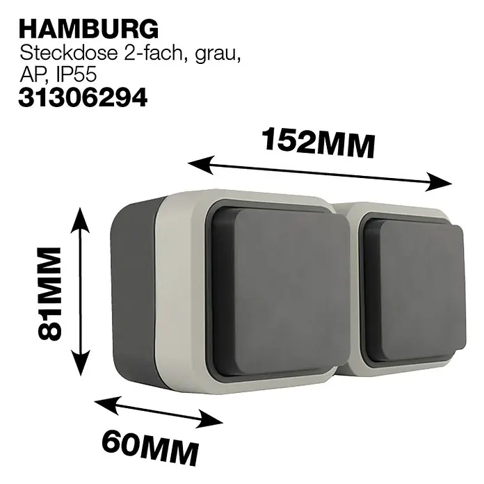 Hamburg Feuchtraum-Steckdose - 2-fach, Grau/Anthrazit, Horizontal, IP55 - Abbildung einer grauen HAMBURG Doppelsteckdose (AP, IP55) mit den Maßen 81x60x152mm.