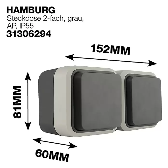 Hamburg Feuchtraum-Steckdose2-fach, Grau/Anthrazit, Horizontal, IP55