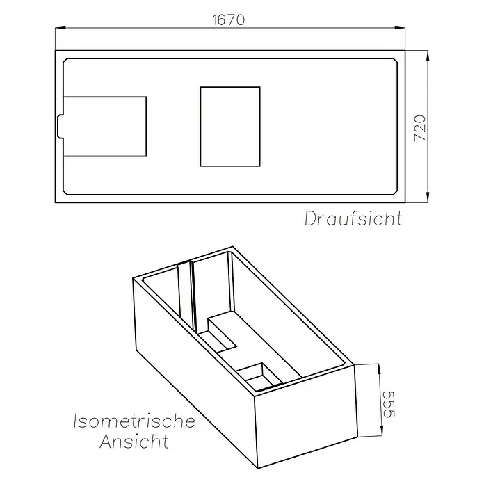 Ottofond Badewannen-Set Colombo - L x B: 170 x 75 cm, Weiß, Sanitäracryl, Mit Badewannenträger - Abbildung eines Spülbeckens mit den Maßen 1670 x 720 x 555 mm, Draufsicht und isometrische Ansicht.