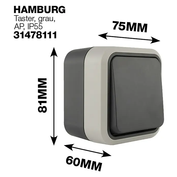 Hamburg Feuchtraumtaster - Grau/Anthrazit, Aufputzmontage, IP55 - Abbildung eines grauen HAMBURG Tasters AP IP55 mit den Maßen 81x75x60 mm.