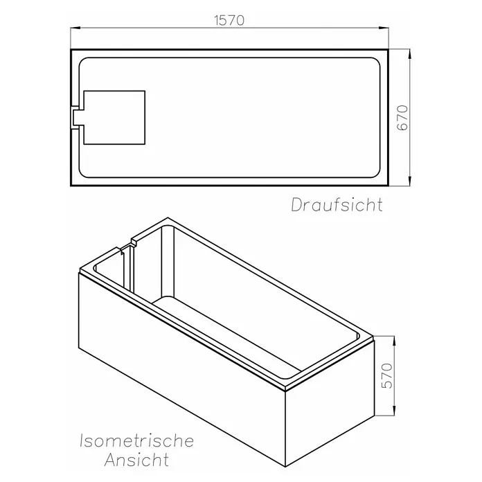 Ottofond Badewannen-Set Filo - L x B: 160 x 70 cm, Sanitäracryl, Weiß, Mit Badewannenträger - Draufsicht und isometrische Ansicht einer rechteckigen Badewanne mit den Maßen 1570 x 670 x 570 mm.