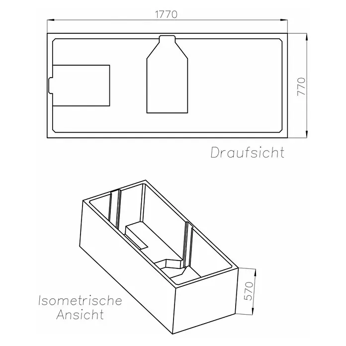 Ottofond Badewannen-Set Palermo - L x B: 180 x 80 cm, Sanitäracryl, Weiß, Mit Badewannenträger - Abbildung eines Badezuber-Modells mit Maßen in isometrischer und Draufsicht. Die Maße sind 1770 x 770 x 570 mm.