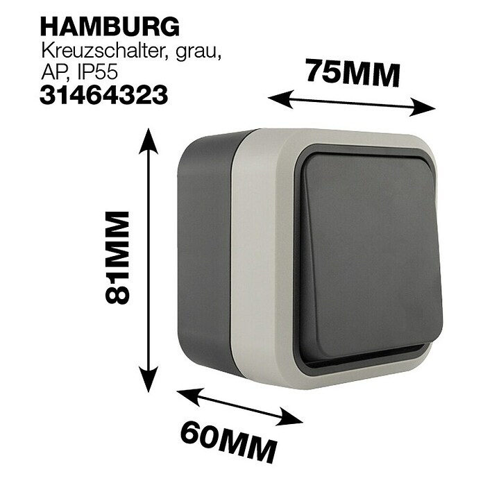 Hamburg Križni prekidač  (Siva/Antacit, Nadžbukna montaža, IP55) | BAUHAUS