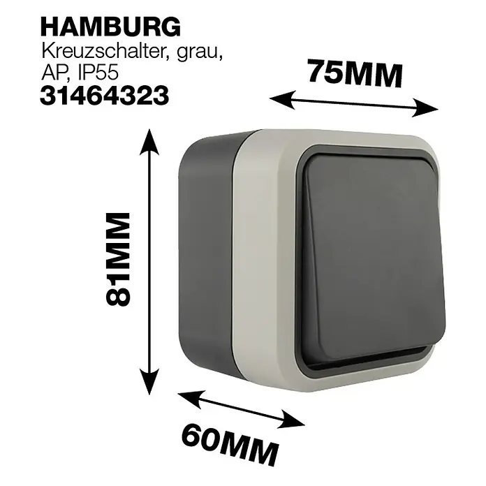 Hamburg Kreuzschalter - Grau/Anthrazit, Aufputzmontage, IP55 - Bild eines grauen Kreuzschalters Hamburg AP IP55 mit den Maßen 81mm Höhe, 75mm Breite und 60mm Tiefe.