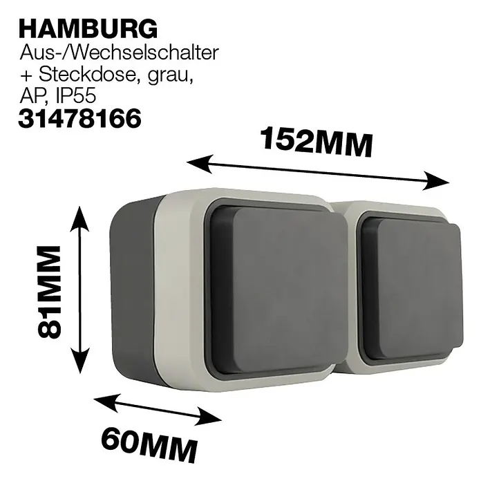 Hamburg Schalterkombination - Grau/Anthrazit, IP55, Horizontal - Abbildung eines grauen Hamburg Aus-/Wechselschalters mit Steckdose und den Maßen 81mm x 60mm x 152mm.