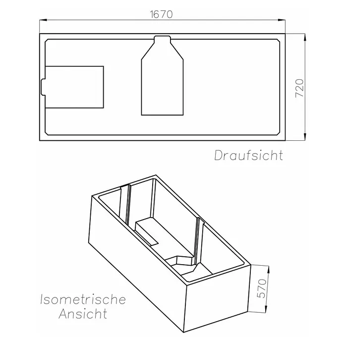 Ottofond Badewannen-Set Palermo - L x B: 170 x 75 cm, Sanitäracryl, Weiß, Mit Badewannenträger - Schema des Badewannenmodells mit allen Maßen. Eine übersichtliche Darstellung der Badewannenkonstruktion.