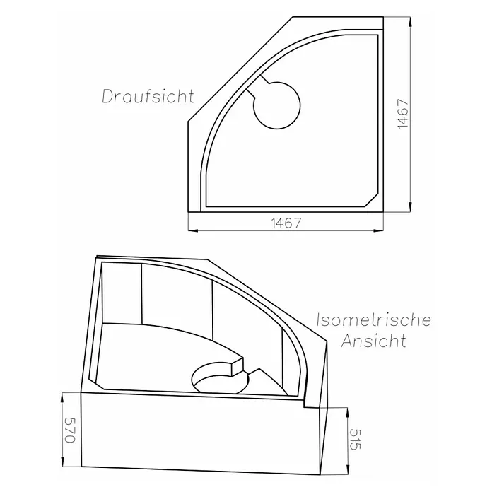Ottofond Eckbadewannen-Set Bengasi - L x B: 140 x 140 cm, Sanitäracryl, Weiß, Mit Badewannenträger - Draufsicht und isometrische Ansicht einer Duschkabine mit den Maßen 1467 x 1467 x 570 mm und einer Höhe von 515 mm.