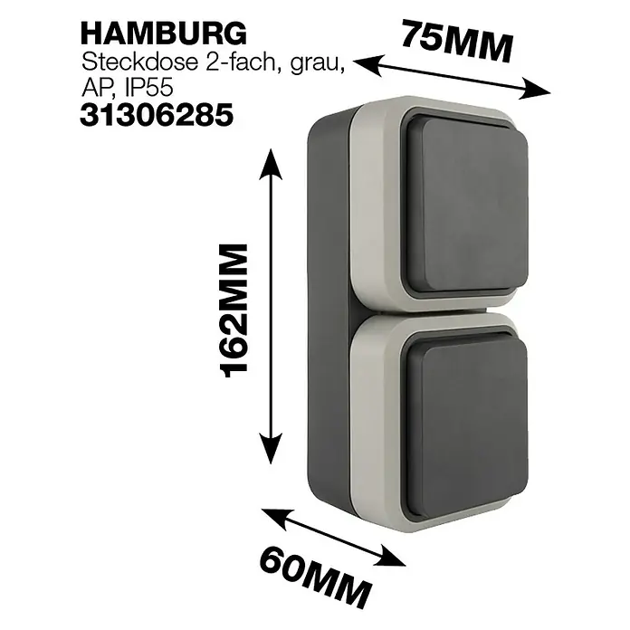Hamburg Feuchtraum-Steckdose - 2-fach, Grau/Anthrazit, Vertikal, IP55 - Abbildung einer grauen Doppelsteckdose HAMBURG AP IP55 mit den Maßen 162mm Höhe, 75mm Breite und 60mm Tiefe.
