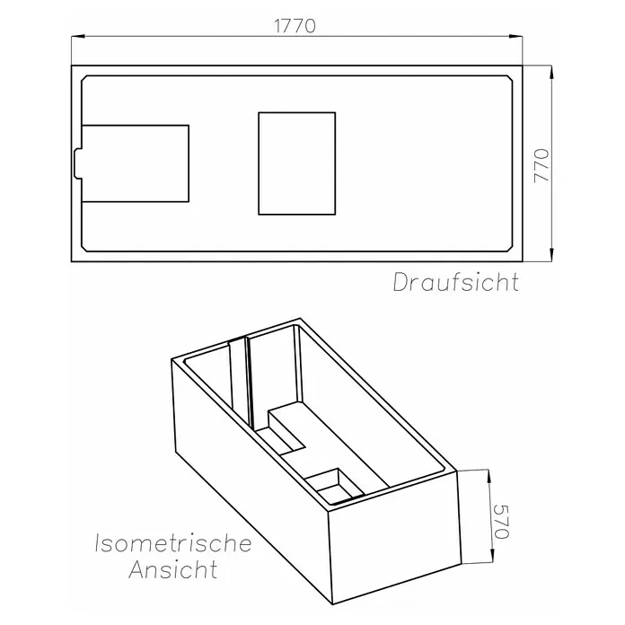 Ottofond Badewannen-Set Filo - L x B: 180 x 80 cm, Sanitäracryl, Weiß, Mit Badewannenträger - Technische Zeichnung einer Badewanne mit Maßen und isometrischer Ansicht.