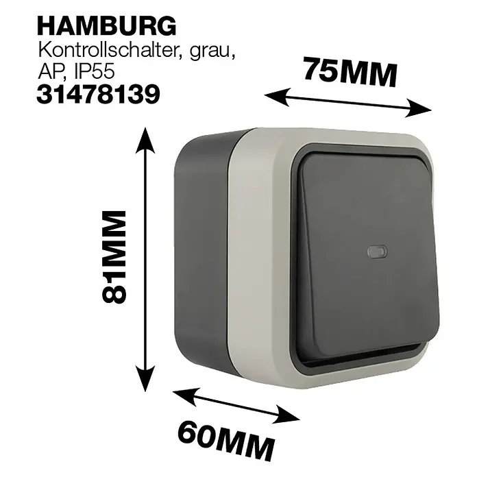 Hamburg Feuchtraum-Kontrollschalter mit Kontrolllampe - Grau/Anthrazit, Aufputzmontage, IP55 - Abbildung eines grauen HAMBURG Kontrollschalters, AP, IP55 mit den Maßen 81mm x 75mm x 60mm.