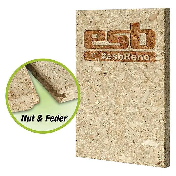 elka ESB-Verlegeplatte RENO - 1.275 x 495 x 15 mm - Eine Nahaufnahme einer ESB-Platte mit Nut & Feder, die sich ideal für Renovierungsarbeiten eignet, mit dem Logo #esbReno.