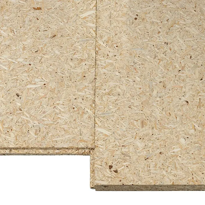 elka ESB-Verlegeplatte RENO - 1.275 x 495 x 15 mm - Nahaufnahme von OSB-Platten, die die Textur und das Muster des Holzwerkstoffs hervorhebt. Ideal für Bau- und DIY-Projekte.