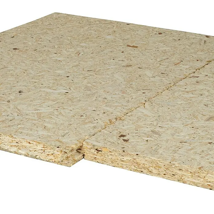 elka ESB-Platte Plus - 2.580 x 675 x 15 mm, Geschliffen - Nahaufnahme einer OSB-Platte, die die Textur und Zusammensetzung des Holzprodukts zeigt. Gut geeignet für Bau- und Möbelprojekte.