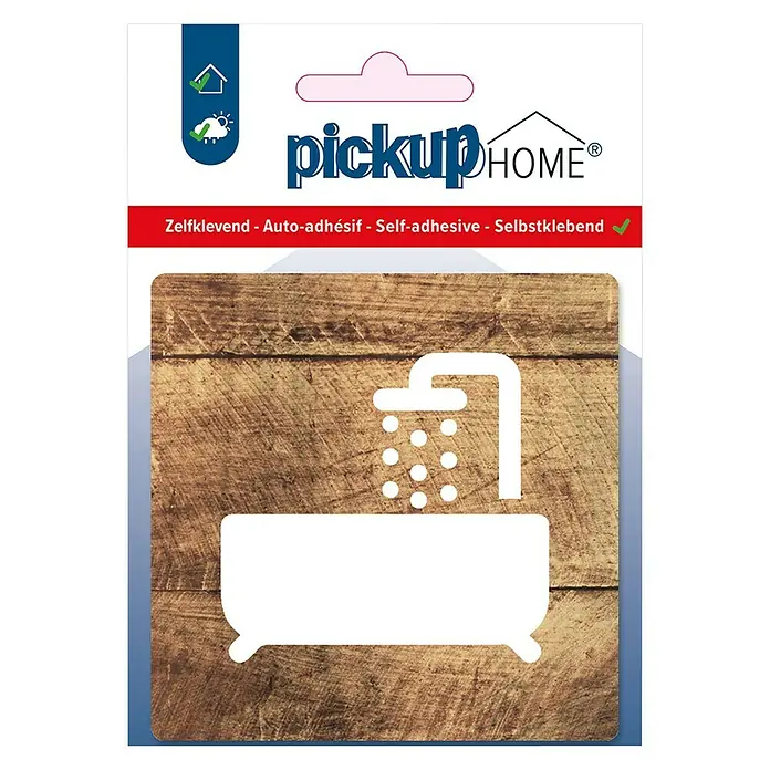 Pickup Etiqueta adhesiva - L x An: 9 x 9 cm, Baño, Madera/Blanco - Adhesivo autoadhesivo para bañera con ducha "Pickup HOME" con textura de madera, ideal para baño y aseo. Decoración práctica para el hogar.