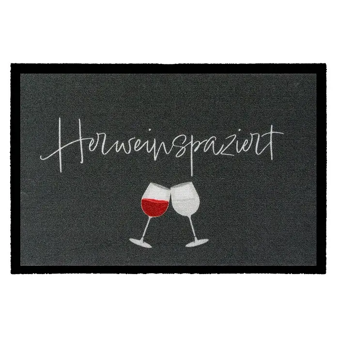 Fußmatte Hereinspaziert - Grau/Rot, 60 x 40 cm, Hereinspaziert - Fußmatte mit dem Schriftzug "Herweinspaziert" und zwei anstoßenden Weingläsern, ideal für Weinliebhaber.