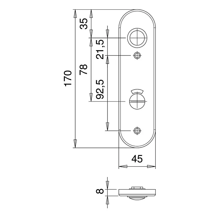 Portaferm Korbbogenschild WC - Silber, Distanznorm: 78 mm - Technische Zeichnung des Türbeschlags mit Maßangaben zur Veranschaulichung der genauen Abmessungen und Details.