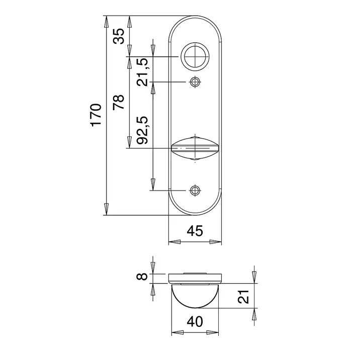 Portaferm Korbbogenschild WC - Silber, Distanznorm: 78 mm - Technische Zeichnung einer Türdrücker-Garnitur mit genauen Maßangaben für Montage und Design. Das Design ist modern und elegant.