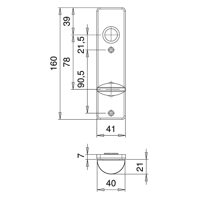 Portaferm Kurzschild WC - Distanznorm: 78 mm, Silber - Technische Zeichnung eines Türschlosses mit Maßangaben, die die Abmessungen und Details des Produkts verdeutlichen.