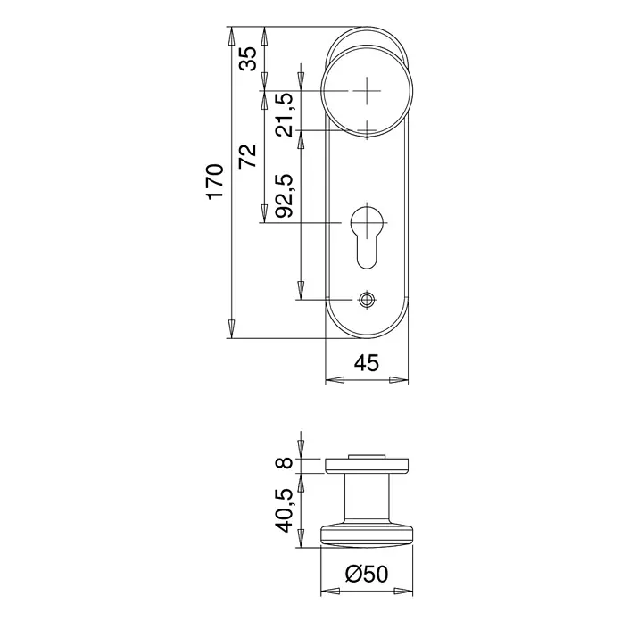 Portaferm Knopfkurzschild - Distanznorm: 72 mm, Profilzylinder, Silber - Technische Zeichnung eines Türbeschlags mit Rosette, Maße für Design und Installation.