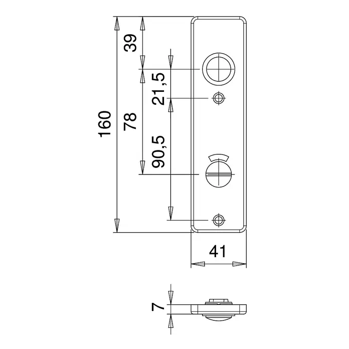 Portaferm Kurzschild WC - Distanznorm: 78 mm, Silber - Detaillierte technische Zeichnung eines Türbeschlags mit präzisen Maßangaben für Installation und Design.