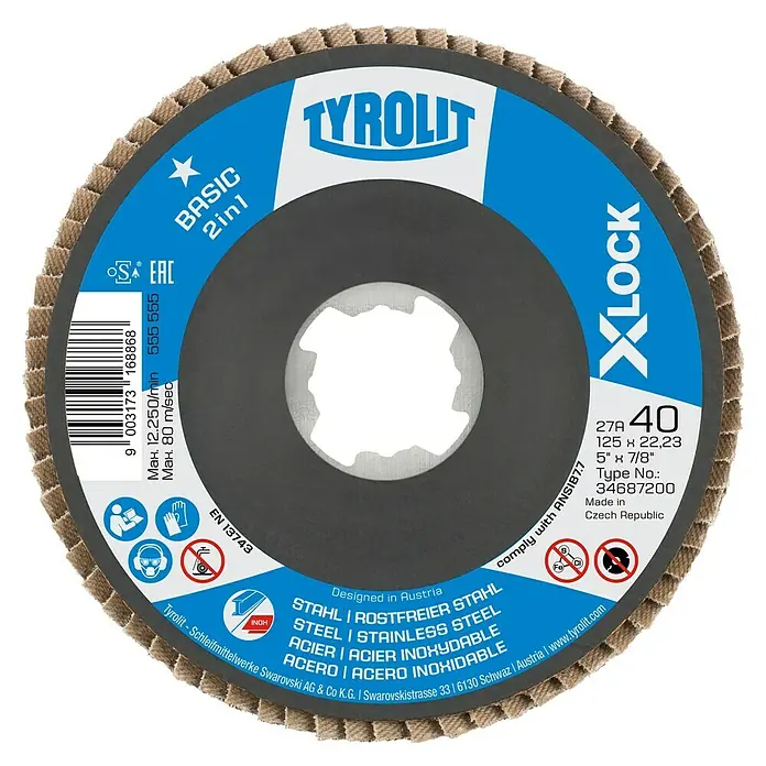 Tyrolit Fächerscheibe Zircon Power 40 X-Lock - Durchmesser: 125 mm, Körnung: 40 - TYROLIT BASIC 2in1 X-LOCK Schruppscheibe für Stahl, Edelstahl, rostfreiem Stahl, Durchmesser 125 mm, Bohrung 22,23 mm, für Winkelschleifer.