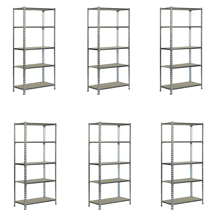 Simonrack Maderclick Set de estanterías Mini - Al x An x Pr: 180 x 80 x 40 cm, Inserción, Galvanizado, 6 ud. - Imagen de seis estanterías metálicas grises, cada una con cinco estantes, ideales para el almacenamiento y la organización.\n