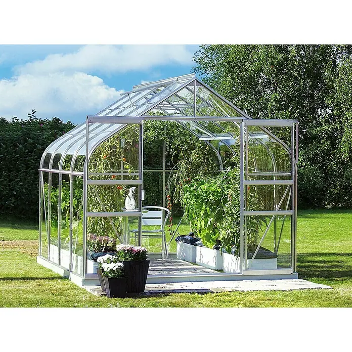 Vitavia Gewächshaus Dione 6700 - Außenmaß inkl. Dachüberstand (B x T): 263,5 x 258 cm, 3 mm, Aluminium - Ein Gewächshaus aus Glas und Metall, gefüllt mit Tomatenpflanzen und Blumen, steht auf einer grünen Wiese unter blauem Himmel.