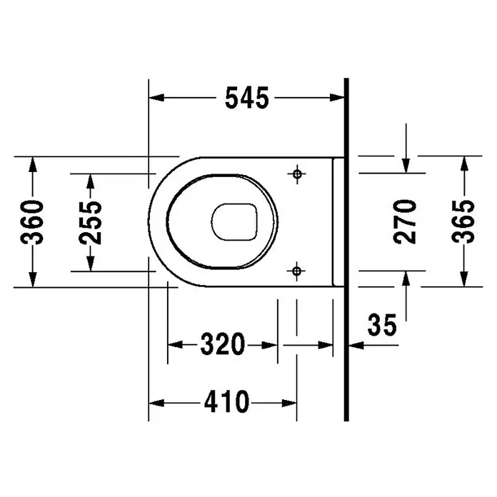 Duravit Starck 3 Wand-WC - Mit Spülrand, Ohne Spezialglasur, Spülform: Tief, WC Abgang: Waagerecht, Weiß, Sichtbar - Draufsicht des Geberit Renova Rimfree Wand-WC mit Abmessungen, die seine Installation und sein Design hervorheben.\n