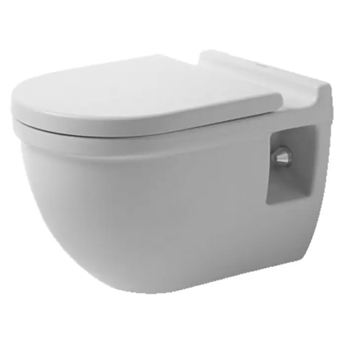 Duravit Starck 3 Wand-WC Comfort - Mit Spülrand, Mit antibakterieller Glasur, Spülform: Tief, WC Abgang: Waagerecht, Weiß - Wandhängendes WC mit modernem Design. Das spülrandlose WC überzeugt mit seiner eleganten Form und einfacher Reinigung.
