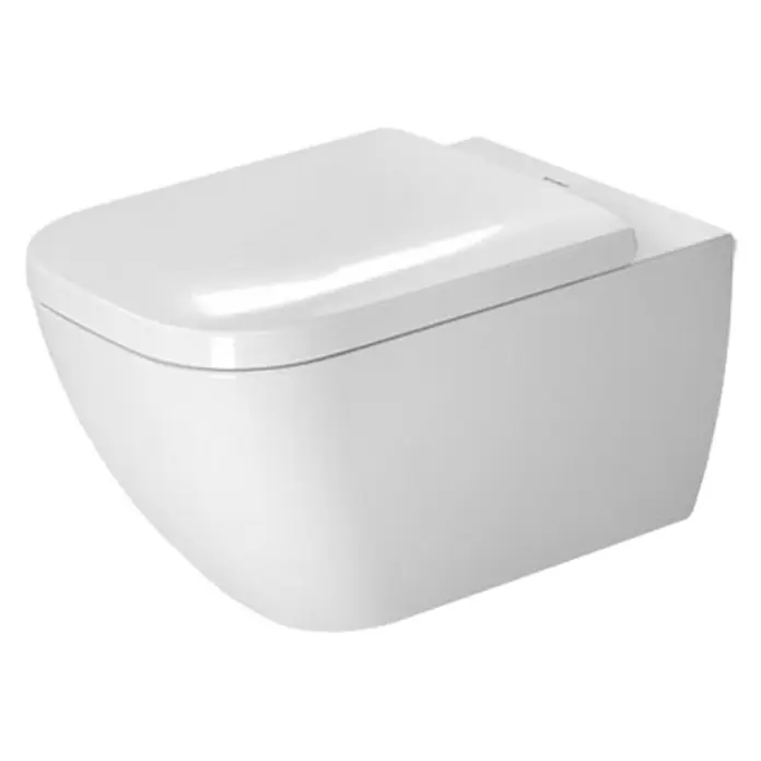 Duravit Happy D.2 Wand-WC Typ 1 - Spülrandlos, Mit antibakterieller Glasur, Spülform: Tief, WC Abgang: Waagerecht, Weiß - Nahaufnahme einer modernen, weißen Wandtoilette mit elegantem, minimalistischem Design. Ideal für stilvolle Badezimmer.