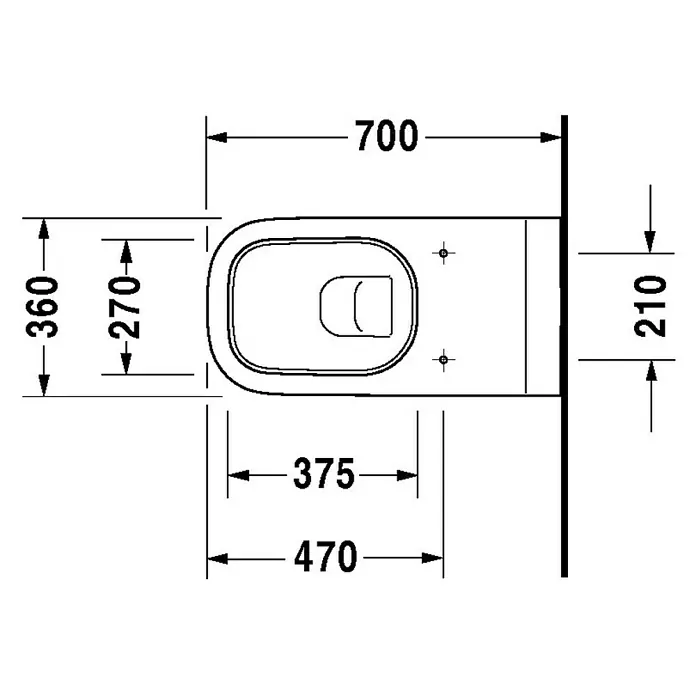 Duravit D-Code Wand-WC Vital - Mit Spülrand, Ohne Spezialglasur, Spülform: Tief, WC Abgang: Waagerecht, Weiß - Technische Zeichnung eines wandhängenden WCs mit Bemaßungen für Installation und Design. Präzise Details für Badplanung.