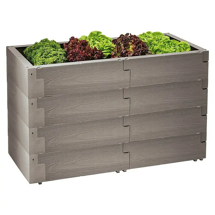 Juwel Hochbeet Timber - 130 x 60 x 80 cm, Kunststoff, Grau - Bild einer erhöhten Gartenbeet aus Holz mit Salatpflanzen, das eine praktische Lösung für den Gartenbau darstellt.