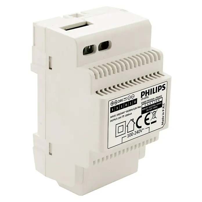 Philips WelcomeEye Transformator - Weiß - Detailaufnahme eines weißen Philips CFI-EXTEL 24V-Transformators, der Stromversorgung für elektronische Geräte bietet.