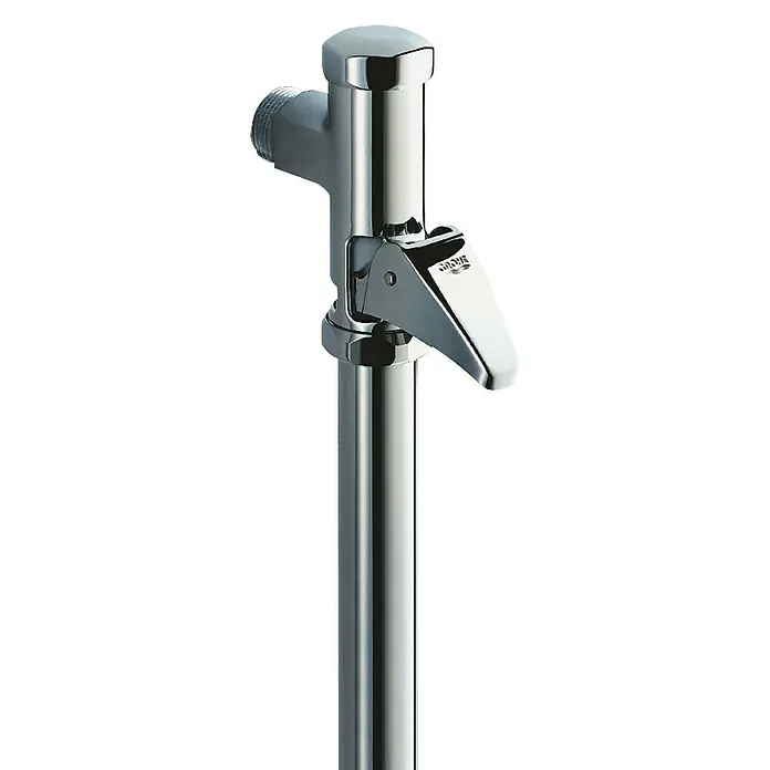 Grohe WC-Druckspüler - ¾″, Vollautomatische Spülstromregulierung - Nahaufnahme eines polierten, verchromten Hahns mit Hebel.