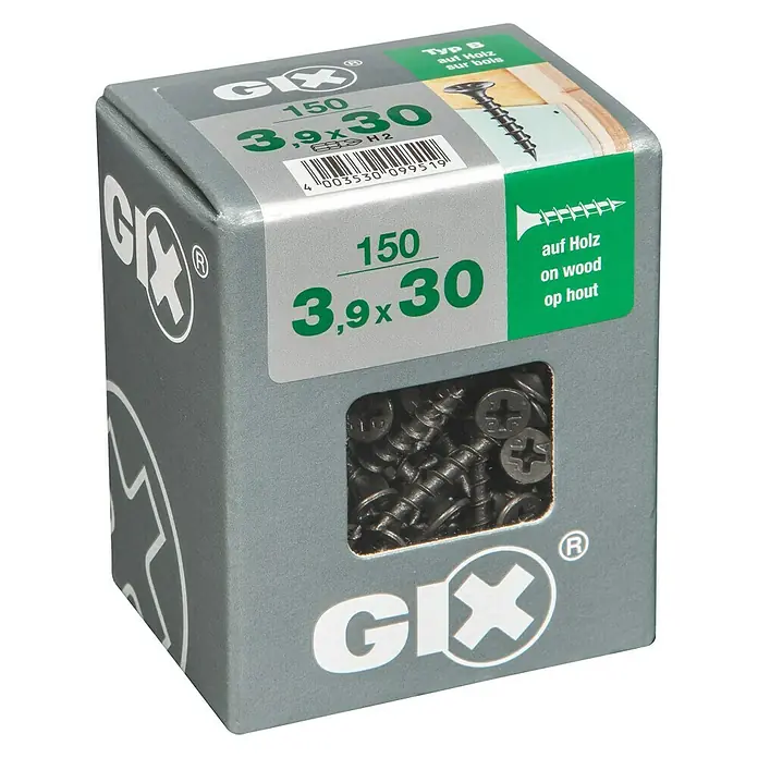 Spax Trockenbauschraube GIX B - Ø x L: 3,9 x 30 mm, Trompetenkopf, 150 Stk. - Eine Schachtel GIX-Holzschrauben der Größe 3,9 x 30 mm, ideal für Holzbearbeitungsprojekte mit 150 Schrauben.