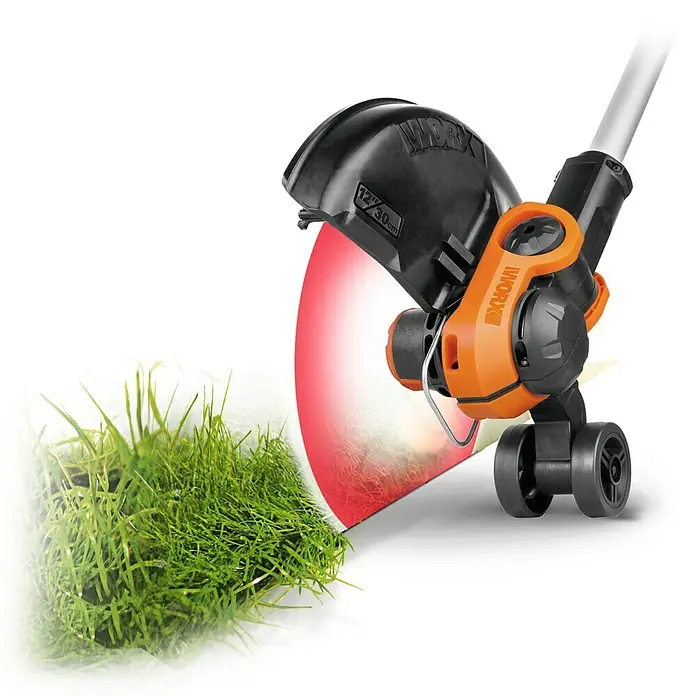 Worx PowerShare 20V Akku-Rasentrimmer WG163E.9 - 20 V, Li-Ionen, Ohne Akku - Nahaufnahme eines WORX Rasentrimmers, der mit Präzision und Effizienz Gras schneidet. Ideal für jeden Garten.