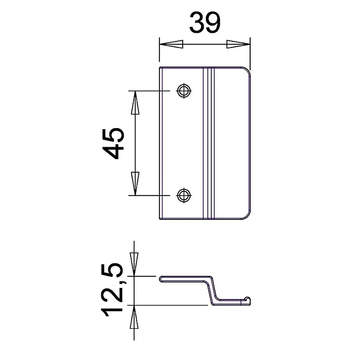 Portaferm Balkontürgriff F12 - Weiß - Technische Zeichnung eines Schiebetürgriffs mit Maßangaben. Präzise Darstellung für Montage und Design des Möbelbeschlags.