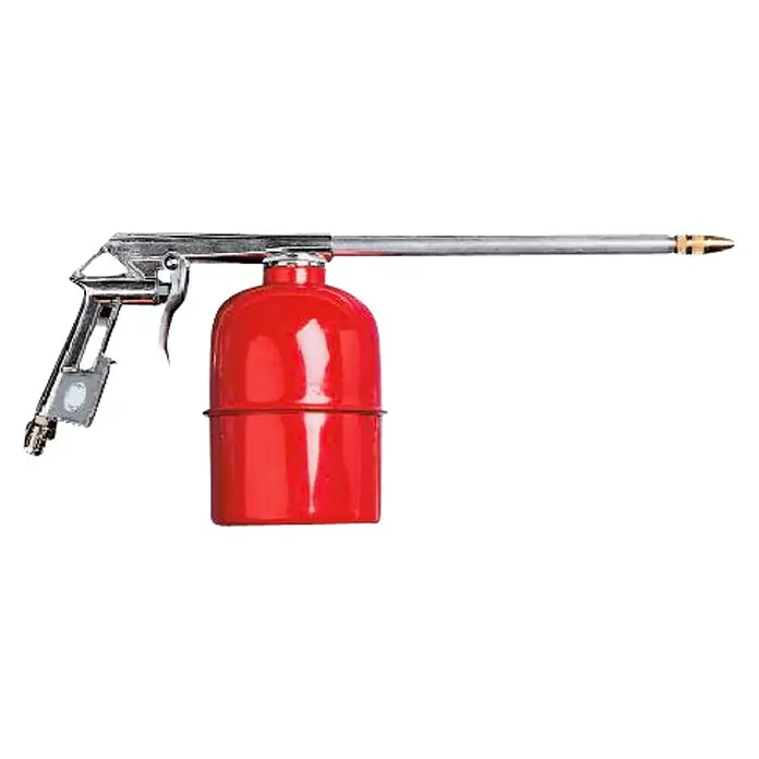MPC Pistola de engrase G-70 - 7 bar - Una pistola de aceite roja con mango plateado y boquilla larga, diseñada para lubricar áreas de difícil acceso.