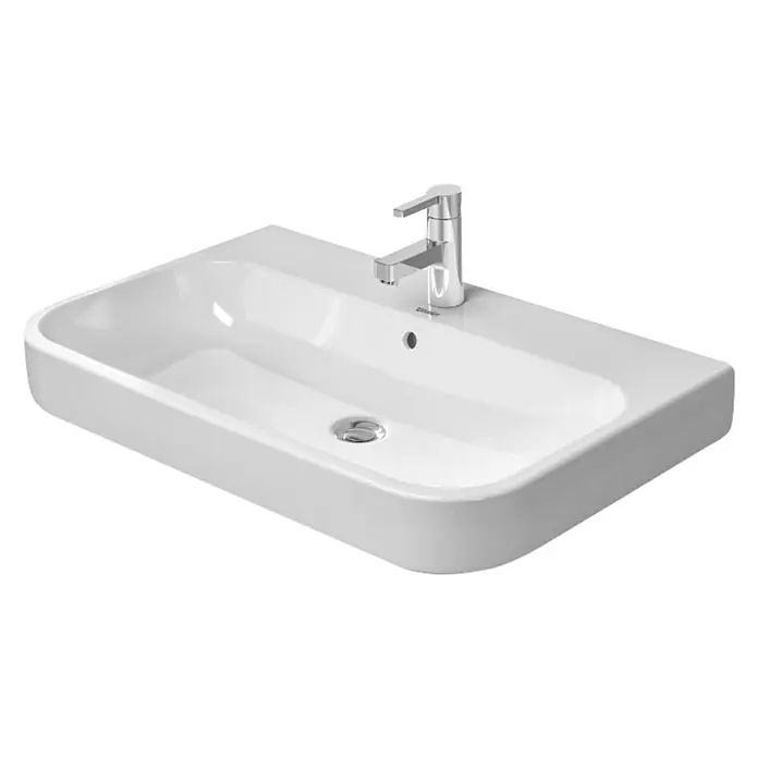 Duravit Happy D.2 Waschtisch Typ 1 - 100 x 50,5 cm, Ohne Spezialglasur, Hahnloch: Mitte, Mit Überlauf, Weiß - Ein modernes, rechteckiges Waschbecken mit Armatur, das durch seine klaren Linien und die strahlend weiße Oberfläche besticht.