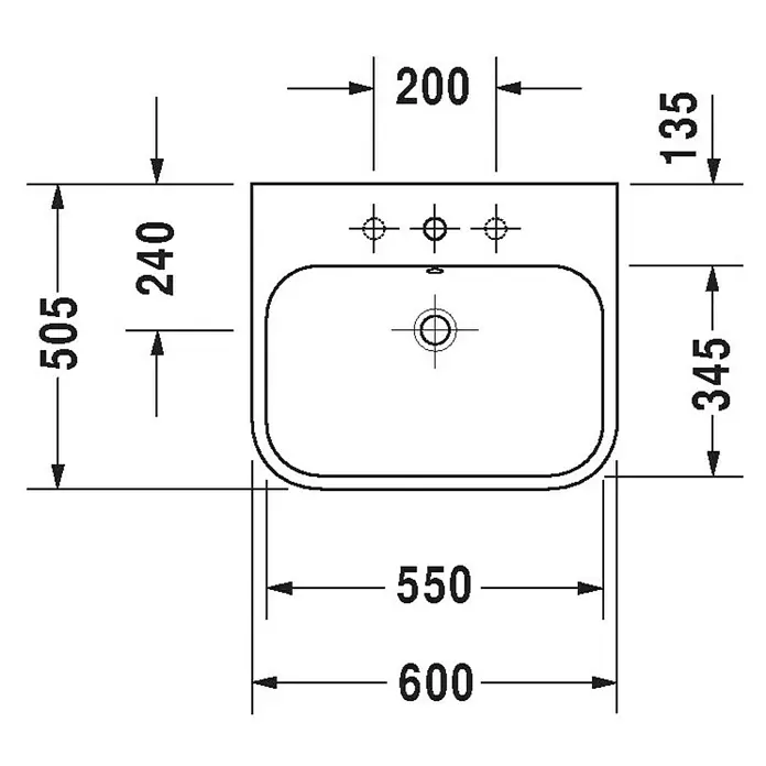 Duravit Happy D.2 Waschtisch Typ 1 - 60 x 50,5 cm, Ohne Spezialglasur, Hahnloch: Mitte, Mit Überlauf, Weiß - Bild einer Waschbecken-Draufsicht mit Bemaßungen. Ideal für Badplanung und Installation.