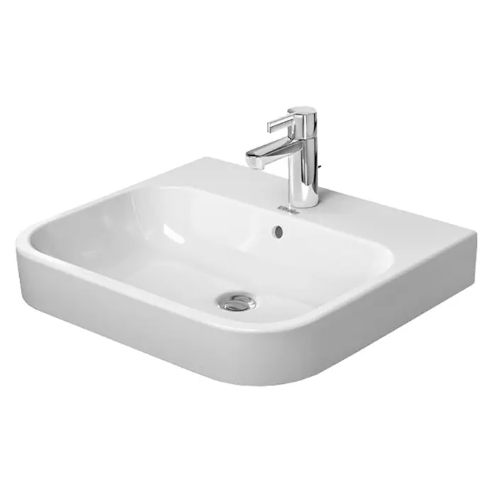 Duravit Happy D.2 Waschtisch - 60 x 50,5 cm, Ohne Spezialglasur, Hahnloch: Mitte, Mit Überlauf, Weiß, Geschliffen - Ein Waschbecken mit Armatur in modernem Design. Das Waschbecken ist aus weißer Keramik und hat eine rechteckige Form mit abgerundeten Ecken.